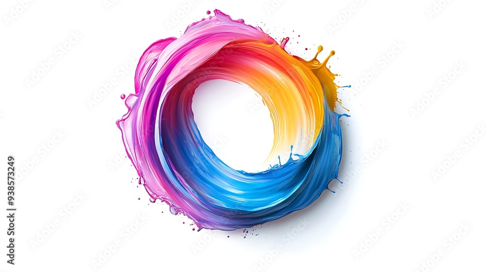 Abstract circle liquid motion flow explosion. Curved wave colorful pattern with paint drops isolated on white background Abstract circle liquid motion flow explosion. Curved wave colorful pattern with paint drops isolated on white background