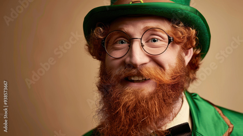 A handsome leprechaun with red hair and beard, wearing glasses photo