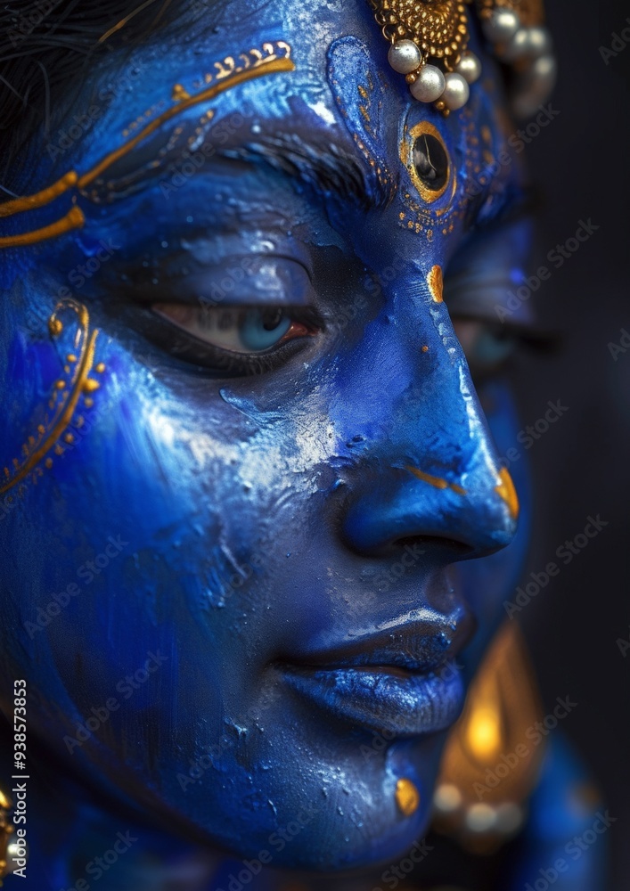 Portrait of Hindu god Lord Krishna. Banner for Krishna Janmashtami, Govardhan Puja, Vishu Kani. Greeting card for Indian religious festival. Closeup, copy space. Portrait of Hindu god Lord Krishna. Banner for Krishna Janmashtami, Govardhan Puja, Vishu Kani. Greeting card for Indian religious festival. Closeup, copy space.
