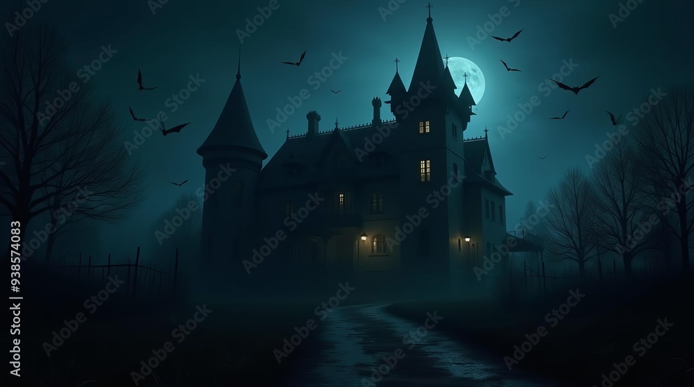 Haunted Gothic Castle Silhouette with Glowing Windows Under Full Moon on Halloween Night Haunted Gothic Castle Silhouette with Glowing Windows Under Full Moon on Halloween Night