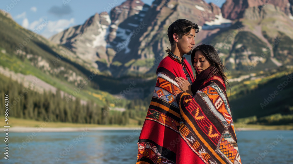 Fototapeta premium A man and woman pose for the camera, wrapped in exquisite travel blankets