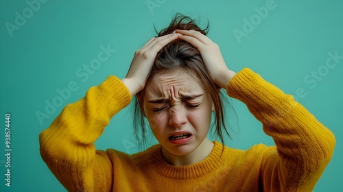 Photograph of a person gripping their head with both hands in a gesture of distress set against an isolated background with empty space photo