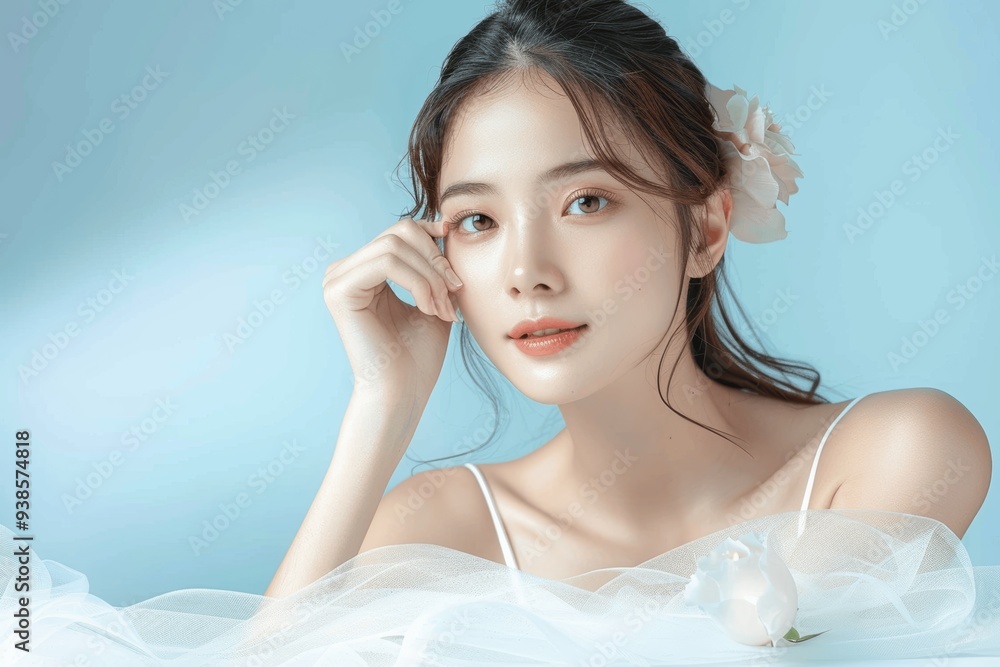 Young Asian woman with natural makeup and perfect skin posing on blue background, beauty concept with white dress, advertising design, banner, magazine cover, poster, flyer Young Asian woman with natural makeup and perfect skin posing on blue background, beauty concept with white dress, advertising design, banner, magazine cover, poster, flyer