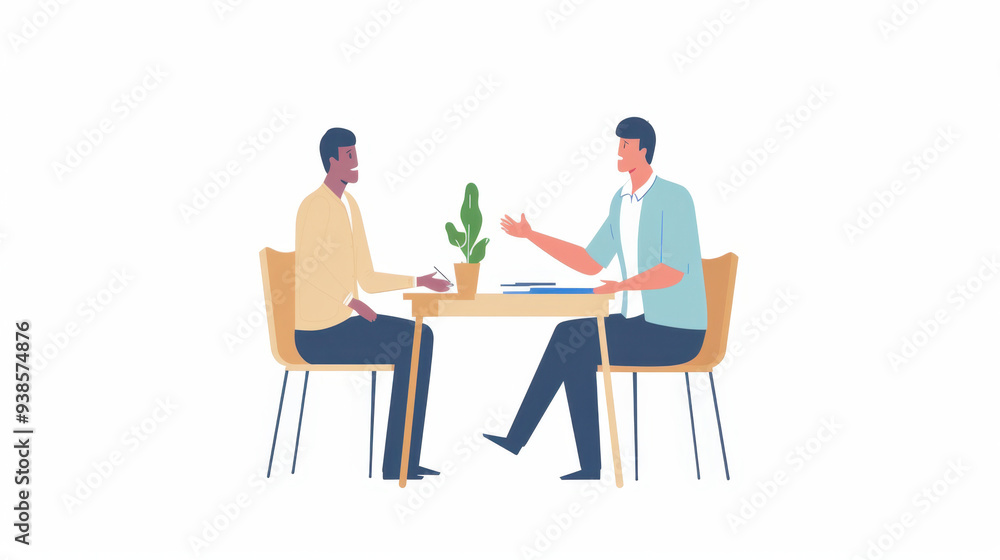 A person is sitting at a desk and talking to another man, in a flat illustration style A person is sitting at a desk and talking to another man, in a flat illustration style