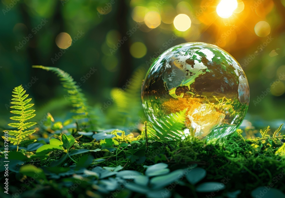 Glass Globe on Forest Moss with Sunlight - Environmental Conservation and Protection Glass Globe on Forest Moss with Sunlight - Environmental Conservation and Protection