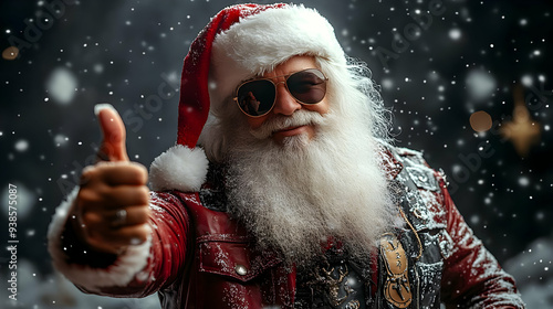 Santa Claus giving a thumbs up, wearing a red leather jacket and sunglasses, with snow falling around him.