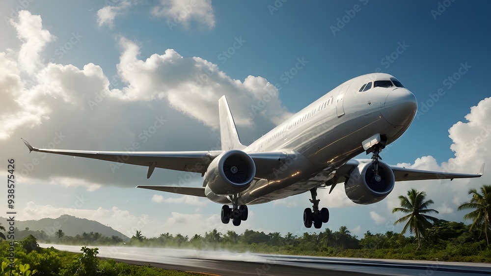 A sleek, modern airplane gracefully lifts off from a lush tropical island runway, its wings glinting in the warm sunlight as it leaves behind a trail of white clouds. A sleek, modern airplane gracefully lifts off from a lush tropical island runway, its wings glinting in the warm sunlight as it leaves behind a trail of white clouds.