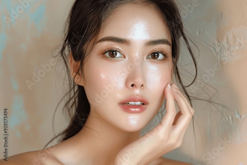 Asian woman touching clean skin portrait model young beautiful face facial treatment spa isolated pastel background detailed shot Sony Alpha R8 style Canon EOS ultra sharp real photography photo