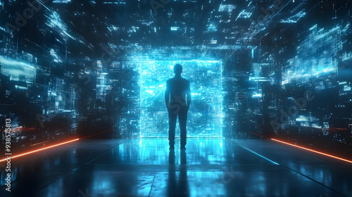 Silhouette of a man standing in a futuristic digital space with glowing blue and orange lights.