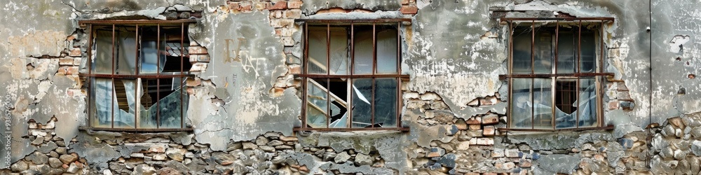 Dilapidated stone wall of an abandoned house showcasing broken glass windows and rusted metal bars. Dilapidated stone wall of an abandoned house showcasing broken glass windows and rusted metal bars.