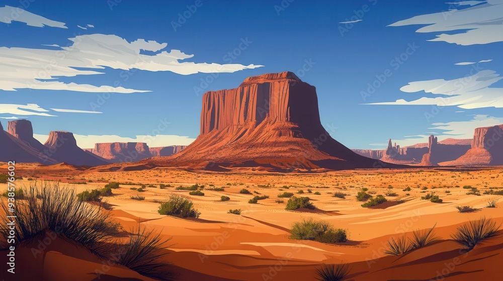 Naklejka premium A desert landscape with a few bushes, a majestic stone mountain, and a spectacular sky