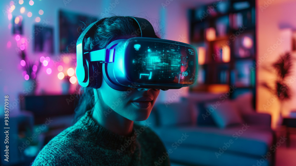person using virtual reality goggles in a stylish living room, with futuristic elements person using virtual reality goggles in a stylish living room, with futuristic elements