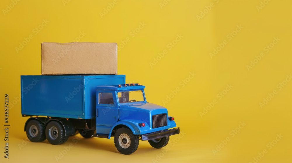 Blue toy truck with cardboard boxes on a yellow background Blue toy truck with cardboard boxes on a yellow background