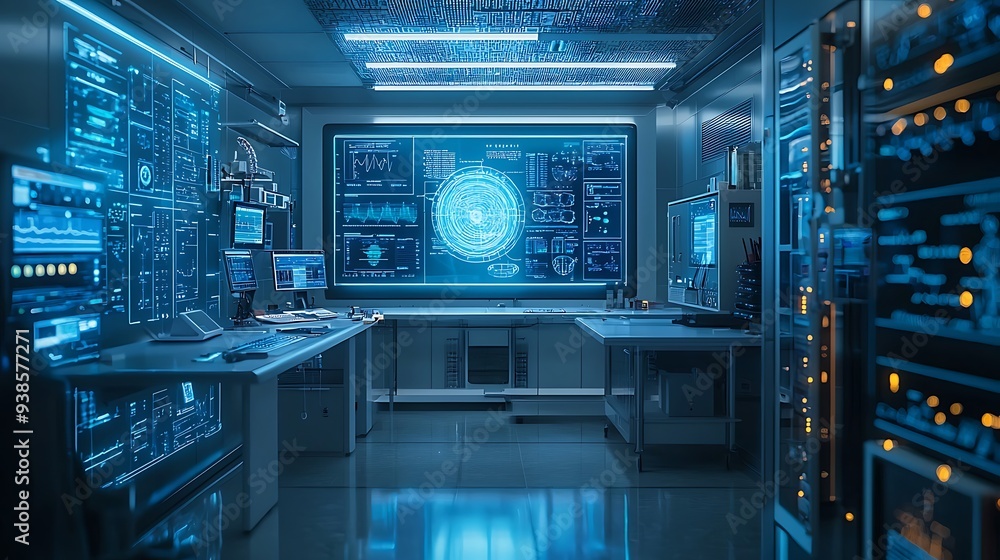 A futuristic server room buzzes with blue digital interfaces and glowing displays.