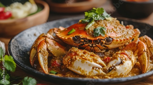 A beautifully plated Singaporean seafood dish, featuring crab cooked in a rich and spicy chili sauce, ready to be served.