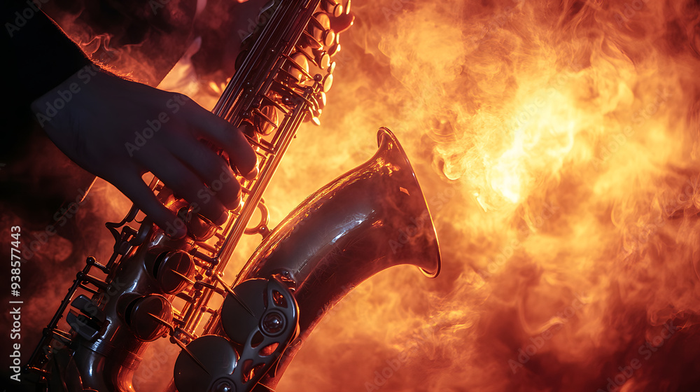 hand playing a saxophone on a dimly lit jazz stage, with smoke swirling in the background, smooth and soulful atmosphere