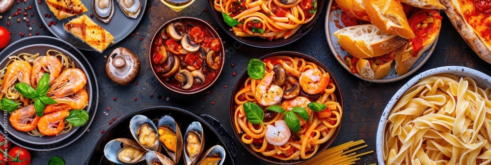 Variety of Pasta Dishes with Seafood, Mushrooms, and Tomato Sauce, Including Spaghetti Bolognese, Arranged in a Flat Lay Perspective Variety of Pasta Dishes with Seafood, Mushrooms, and Tomato Sauce, Including Spaghetti Bolognese, Arranged in a Flat Lay Perspective