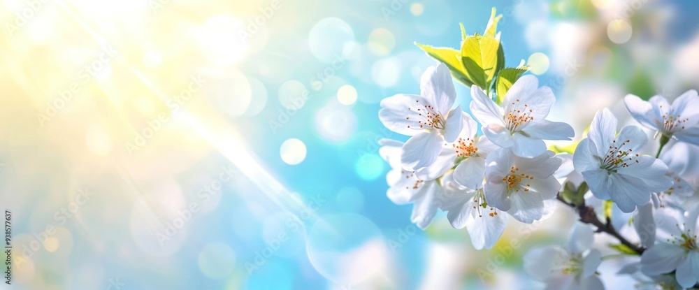 Spring background with blooming flowers and blue sky with sun rays Spring background with blooming flowers and blue sky with sun rays