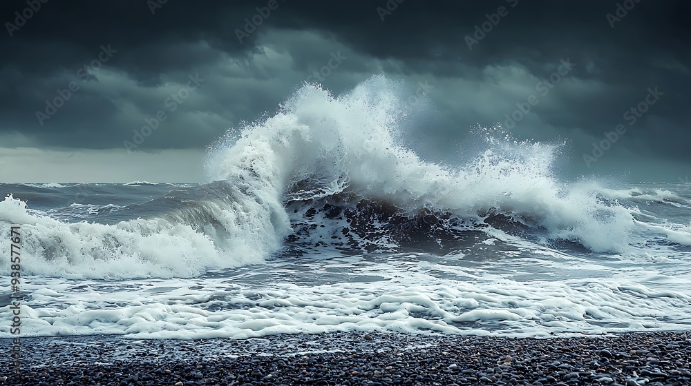Obraz premium On a rocky beach, stormy skies loom as dramatic ocean waves surge onto the shore.