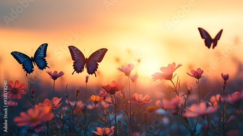 Butterflies gracefully flutter over cosmos flowers as the sun sets, painting the sky with color.