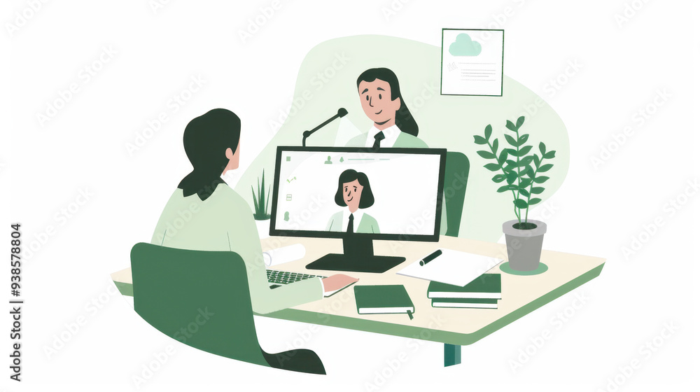 Illustration of two people sitting at a desk and working while video-chatting with another person. Illustration of two people sitting at a desk and working while video-chatting with another person.