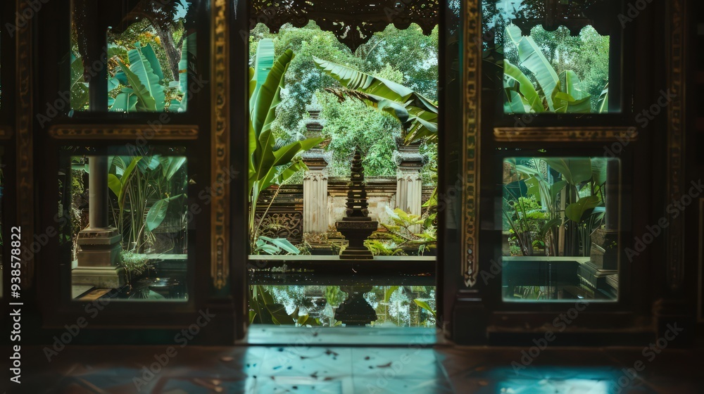 A glimpse of a serene garden through an ornate wooden door A glimpse of a serene garden through an ornate wooden door