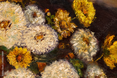 Wallpaper Mural Oil painting detail depicting a bouquet of white mums and yellow daisies flowers in an orange vase. Still life floral painting macro. Torontodigital.ca