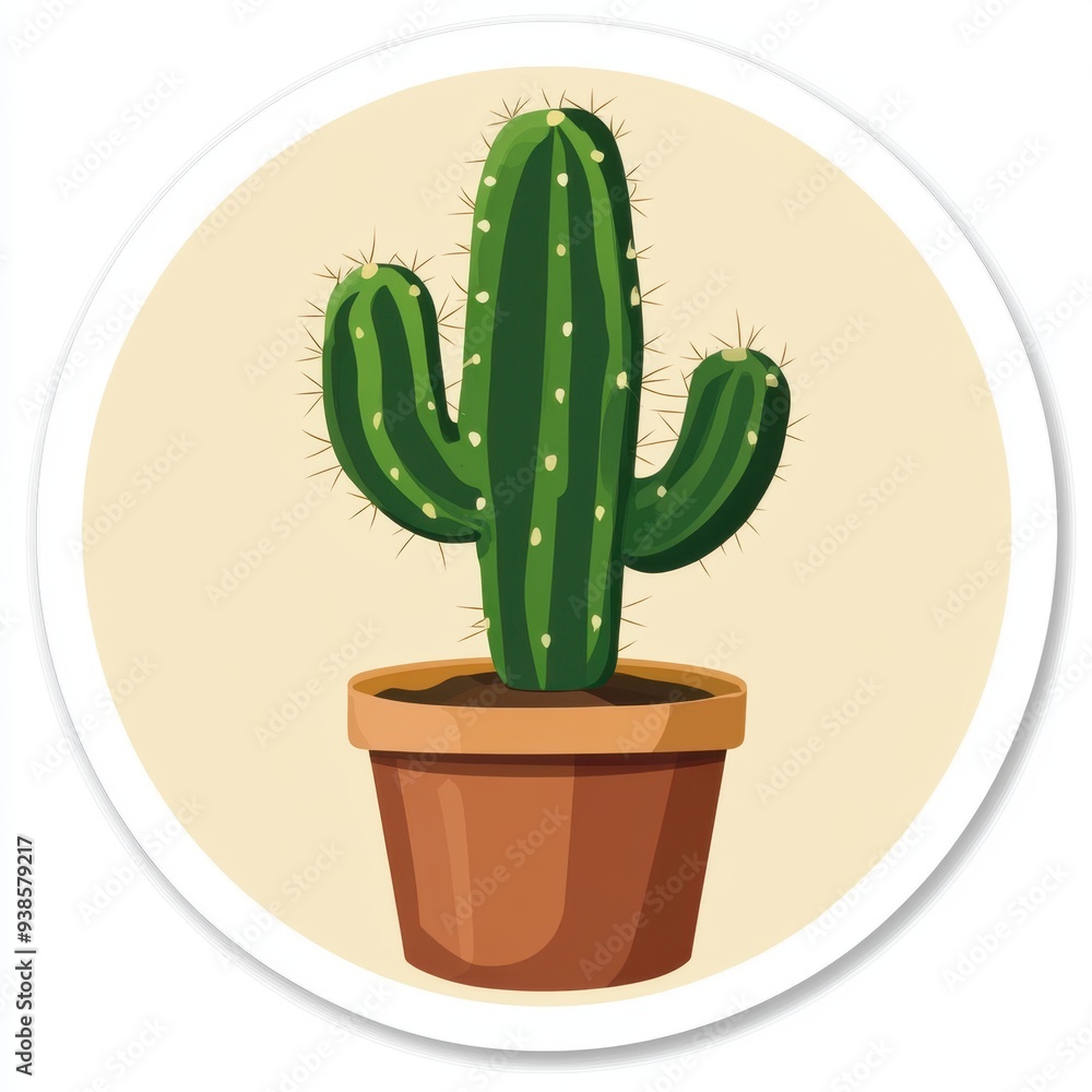 Sticker of a cactus in circle shape, flat vector illustration, on white background, digital sticker, clipart, icon Sticker of a cactus in circle shape, flat vector illustration, on white background, digital sticker, clipart, icon
