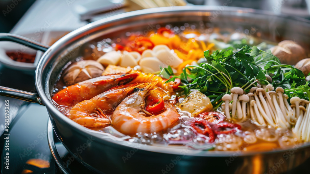 A delectable hot pot with a variety of vibrant vegetables, tender meats, and seafood, simmering in a flavorful broth. A delectable hot pot with a variety of vibrant vegetables, tender meats, and seafood, simmering in a flavorful broth.