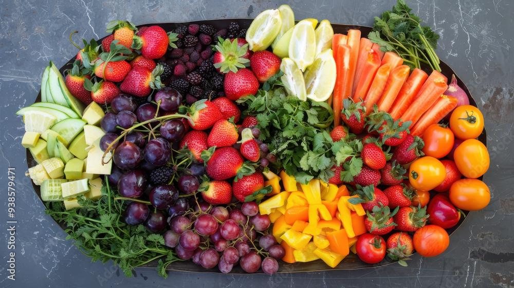 A delectable platter of brightly colored fruits and vegetables, ready to be enjoyed.