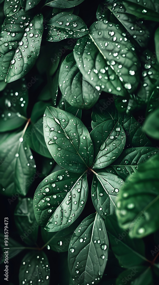 Fototapeta premium Close Up Green Leaves with Dew Drops: Fresh, Vibrant Portrait Nature Background with Sparkling Water Drops. Vertical Green Leaf with Water-Dropping HD iPhone Mobile Wallpaper