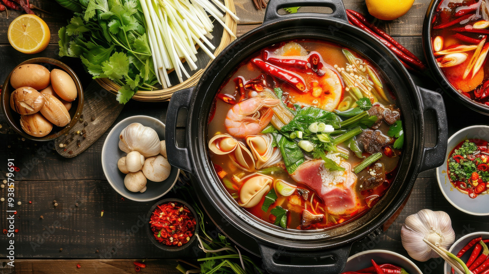 A delicious and appetizing hot pot brimming with a variety of bright and fresh ingredients. A delicious and appetizing hot pot brimming with a variety of bright and fresh ingredients.