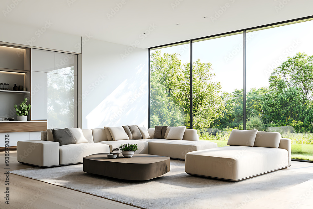 Fototapeta premium A large living room with a couch and a coffee table
