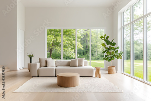 A living room with a white couch, a coffee table, and a potted plant