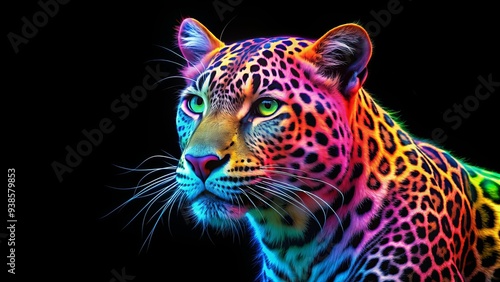 Vibrant neon colored leopard against a black background, neon, colorful, leopard, animal, wildlife, vibrant, spotted, exotic