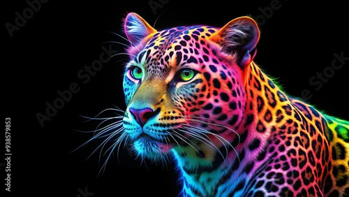 Fototapeta Vibrant neon colored leopard against a black background, neon, colorful, leopard, animal, wildlife, vibrant, spotted, exotic