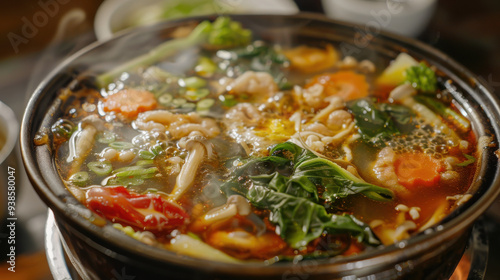 A delicious and colorful hot pot, filled with an array of fresh ingredients and a rich broth.