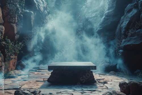 A simple podium set in a rocky canyon, with smoke rising from hidden crevices, creating a mysterious and ancient feel photo