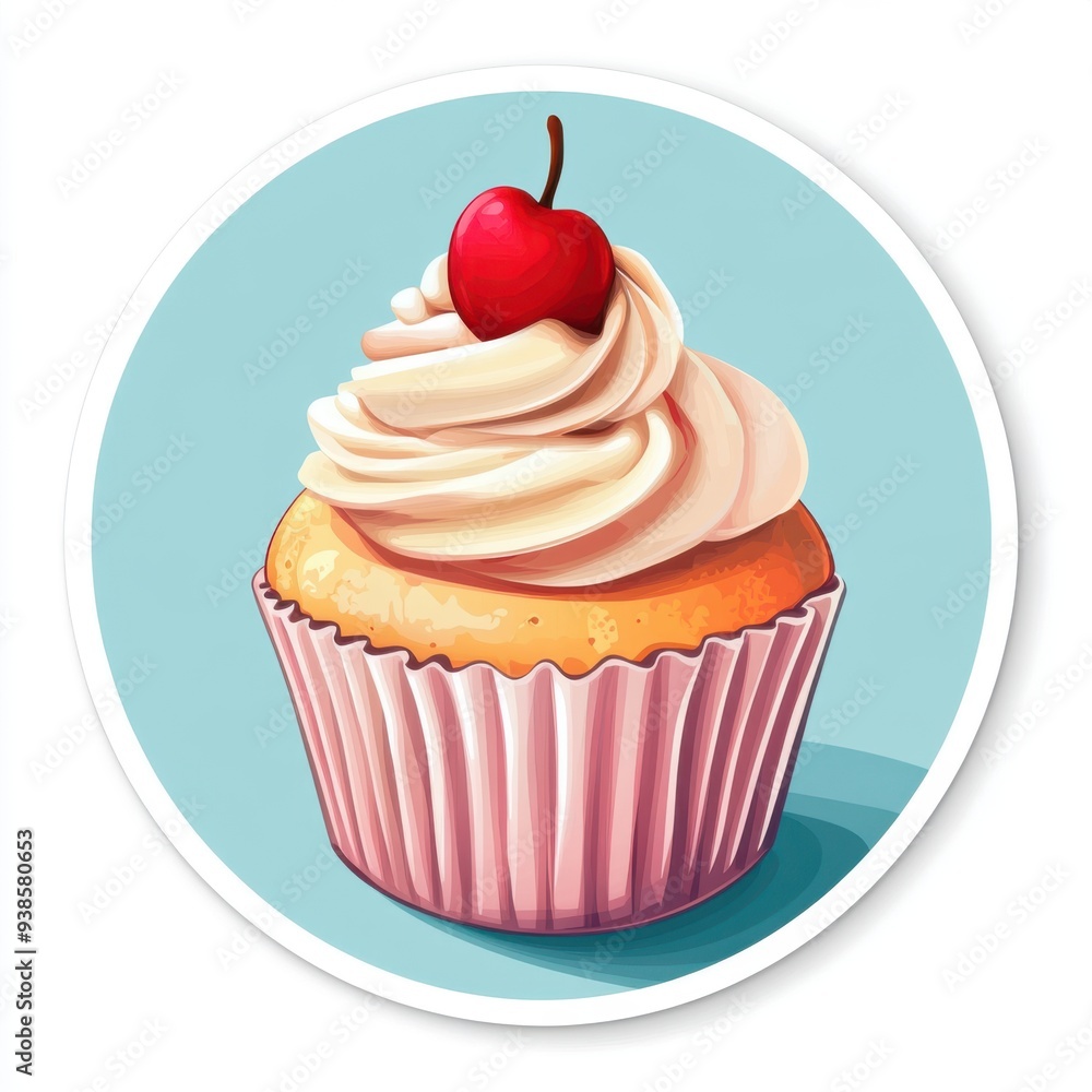 Sticker of a cupcake in circle shape, flat vector illustration, on white background, digital sticker, clipart, icon Sticker of a cupcake in circle shape, flat vector illustration, on white background, digital sticker, clipart, icon