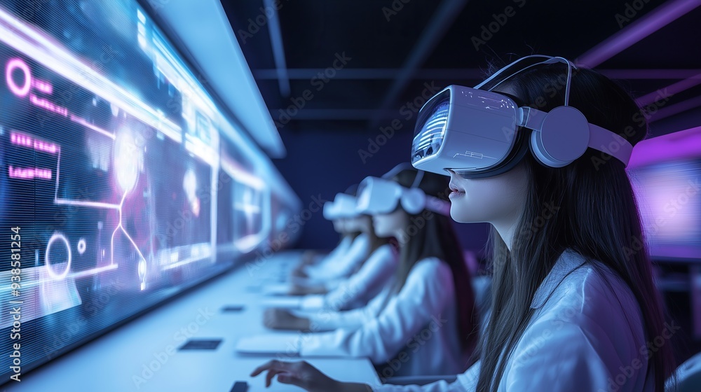Students wear VR headsets, immersed in a virtual learning environment. The concept highlights the future of education through technology and interactive experiences. Generative AI. Students wear VR headsets, immersed in a virtual learning environment. The concept highlights the future of education through technology and interactive experiences. Generative AI.
