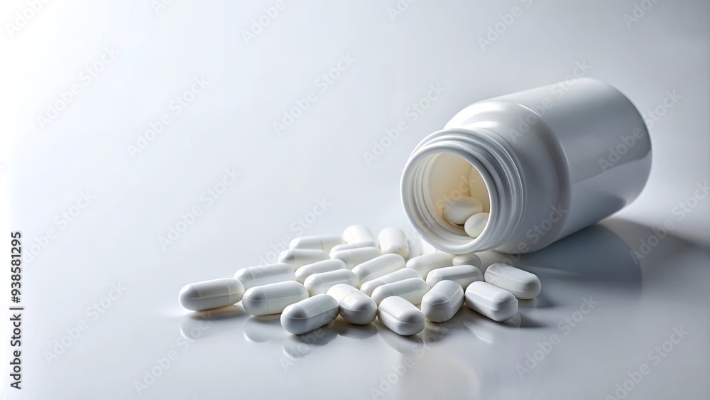 Close up of pills spilling out of a white bottle on a white background, medicine, pills, bottle Close up of pills spilling out of a white bottle on a white background, medicine, pills, bottle