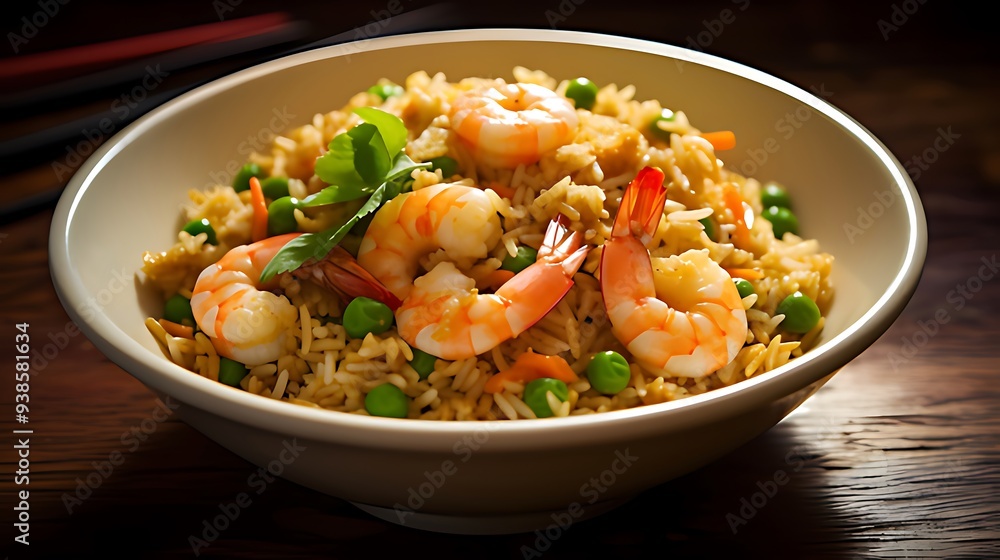Bowl of chinese fried rice with shrimps and peas Bowl of chinese fried rice with shrimps and peas