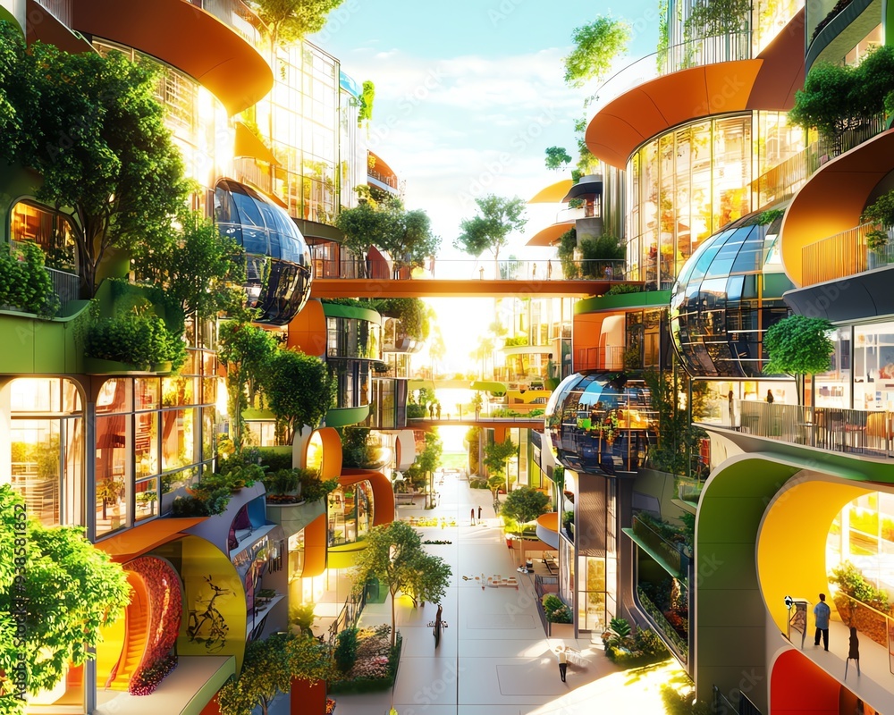 Fototapeta premium Futuristic urban architecture blending nature and technology in a vibrant city landscape filled with greenery and light.