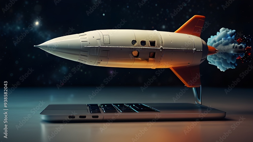 Obraz premium Close up of laptop keyboard launching rocket 