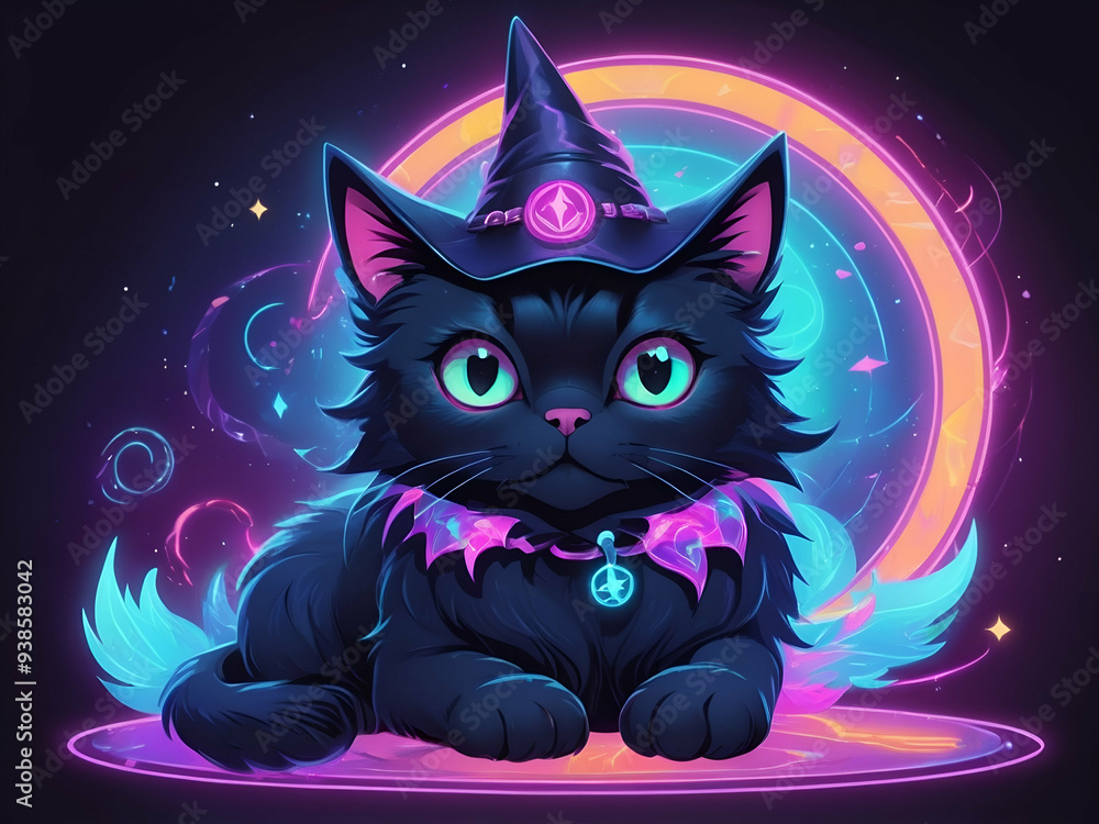 abstract Holographic neon cute cartoon witchcraft cat dark background abstract Holographic neon cute cartoon witchcraft cat dark background
