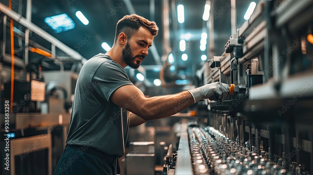 Photograph of a man inspecting machinery in a factory. Photograph of a man inspecting machinery in a factory.