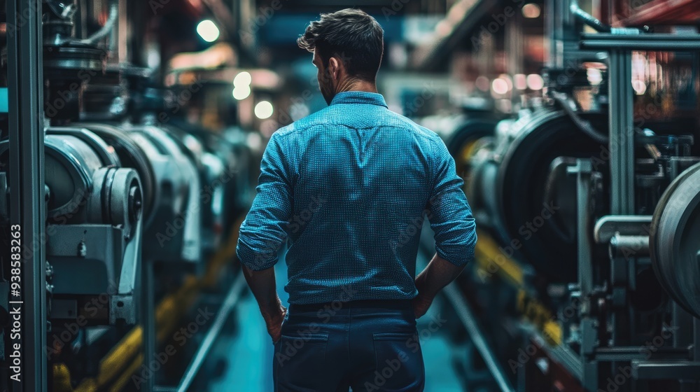 Photograph of a man inspecting machinery in a factory. Photograph of a man inspecting machinery in a factory.