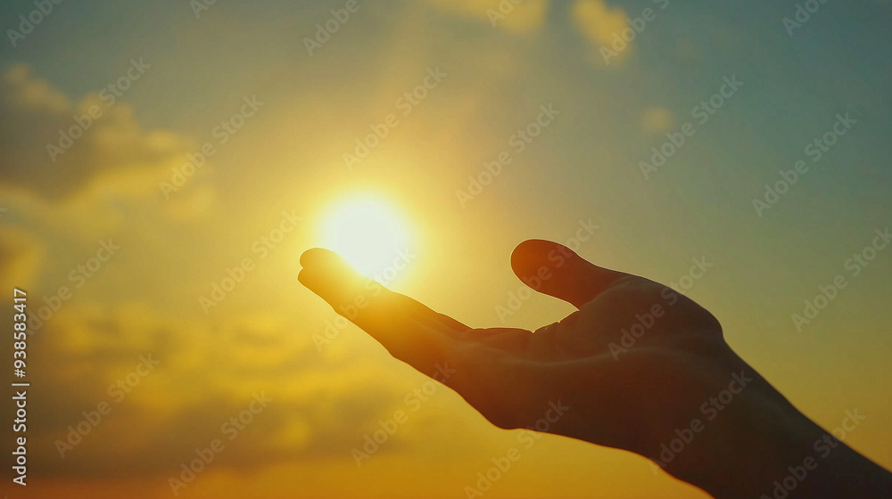 遠近法を利用して手のひらの上に太陽の光が乗っているように見える手のアップ写真 夕日