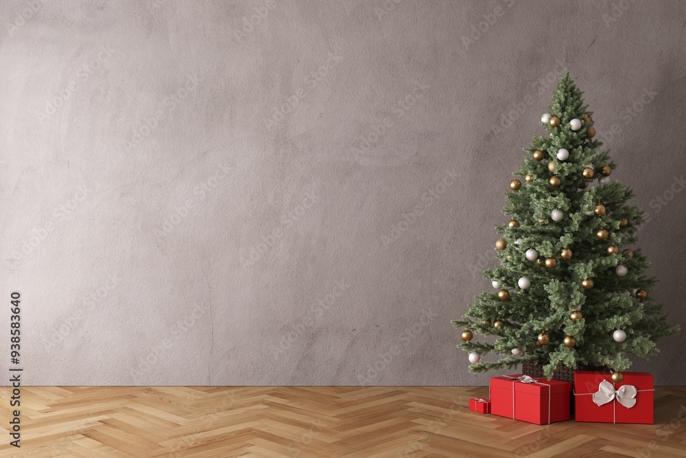 3d modern interior room with Chrismas tree. Empty concrete wall and wooden floor background. Interior minimal, cozy and homey style for Chrismas festival or text for advertising. 3d rendering. 3d modern interior room with Chrismas tree. Empty concrete wall and wooden floor background. Interior minimal, cozy and homey style for Chrismas festival or text for advertising. 3d rendering.