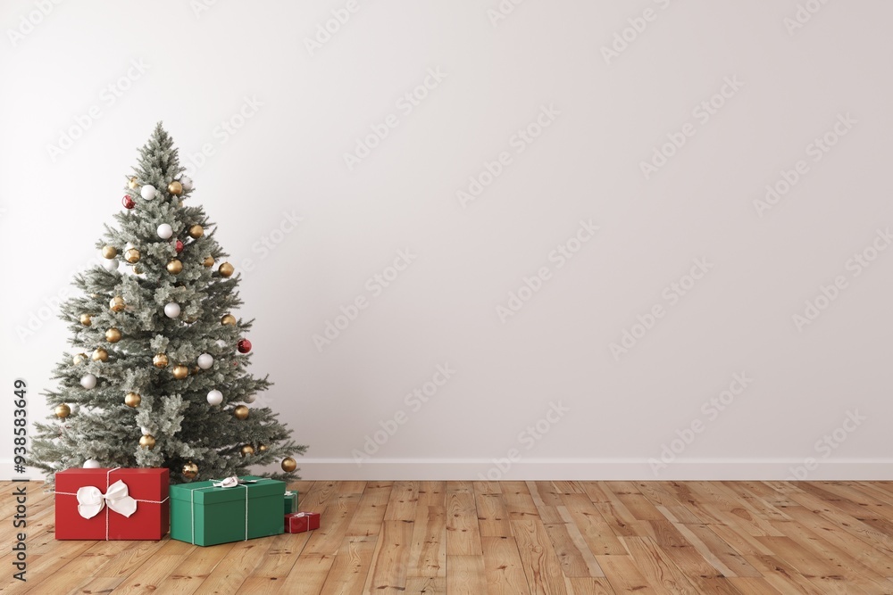 3d modern interior room with Chrismas tree. Empty white wall and wooden floor background. Interior minimal, cozy and homey style for Chrismas festival or text for advertising. 3d rendering. 3d modern interior room with Chrismas tree. Empty white wall and wooden floor background. Interior minimal, cozy and homey style for Chrismas festival or text for advertising. 3d rendering.
